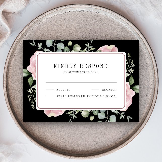 Blush Pink Floral Eucalyptus Black Wedding RSVP Karte (Von Creator hochgeladen)