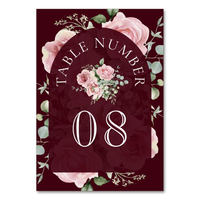 Blush Pink Floral Eucalyptus Burgundy Wedding Tischnummer (Vorderseite)