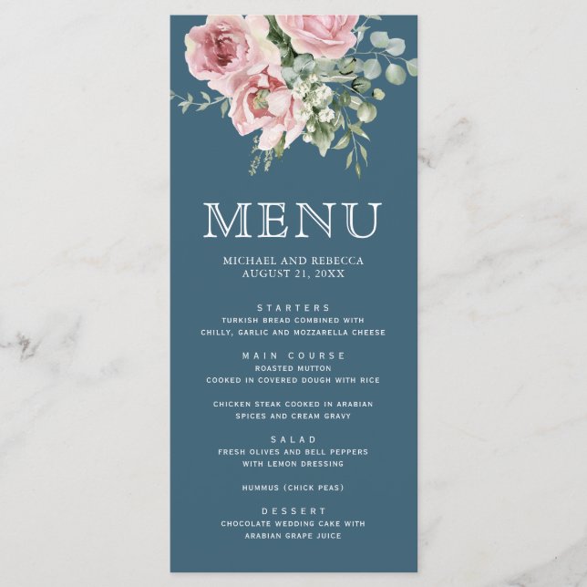 Blush Pink Floral Eucalyptus Dusty Blue Wedding Menükarte (Vorderseite)