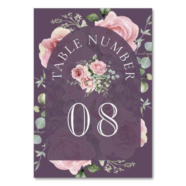 Blush Pink Floral Eucalyptus Dusty Purple Wedding Tischnummer (Vorderseite)