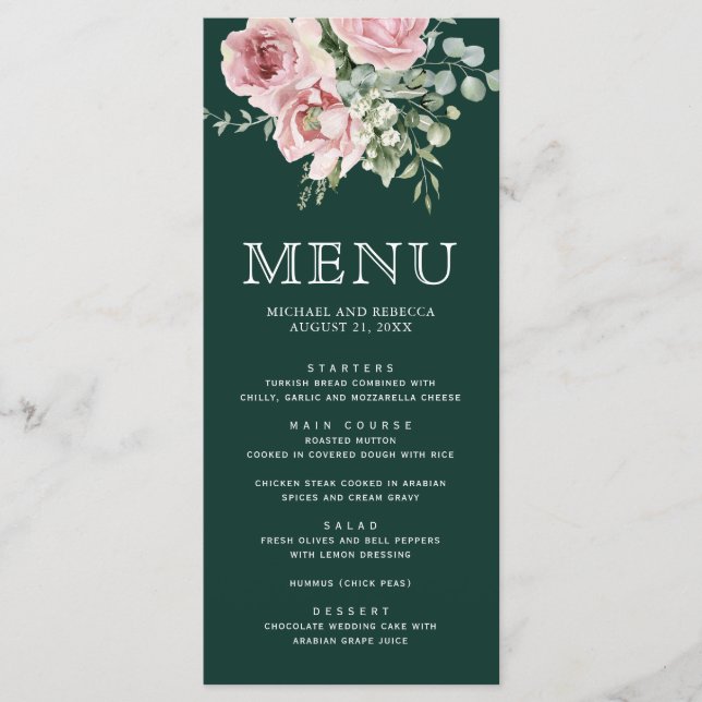 Blush Pink Floral Eucalyptus Emerald Green Wedding Menükarte (Vorderseite)