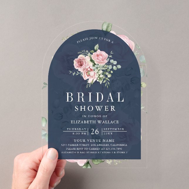 Blush Pink Floral Eucalyptus Navy Bridal Shower Acryleinladungen (Insitu (Handheld))