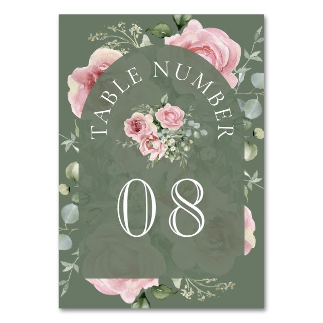 Blush Pink Floral Eucalyptus Sage Green Wedding Tischnummer (Vorderseite)