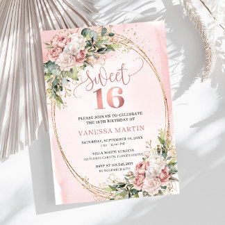Blush Pink Floral Eucalyptus Sweet 16 Birthday Einladung