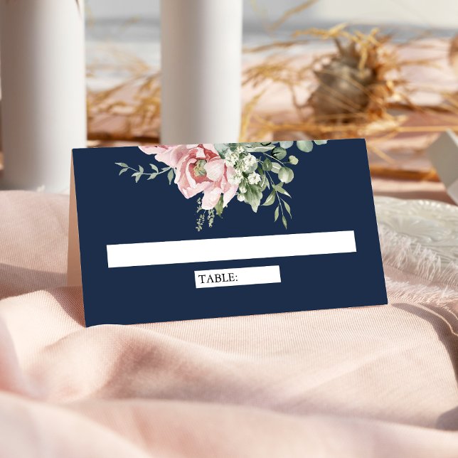 Blush Pink Floral Eukalyptus Navy Blue Wedding Platzkarte (Von Creator hochgeladen)