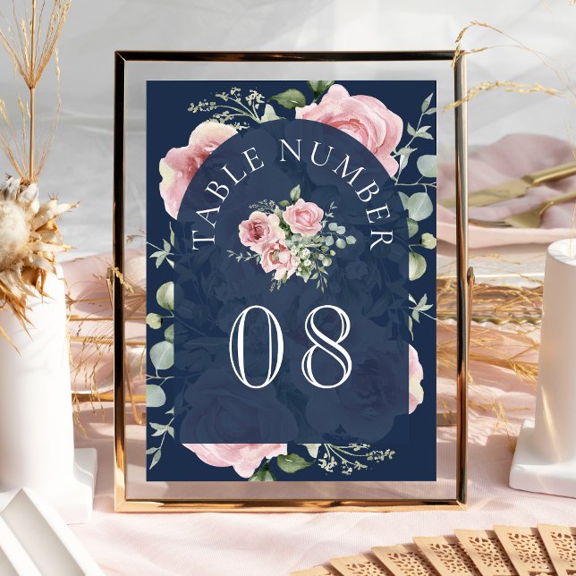 Blush Pink Floral Eukalyptus Navy Blue Wedding Tischnummer (Von Creator hochgeladen)