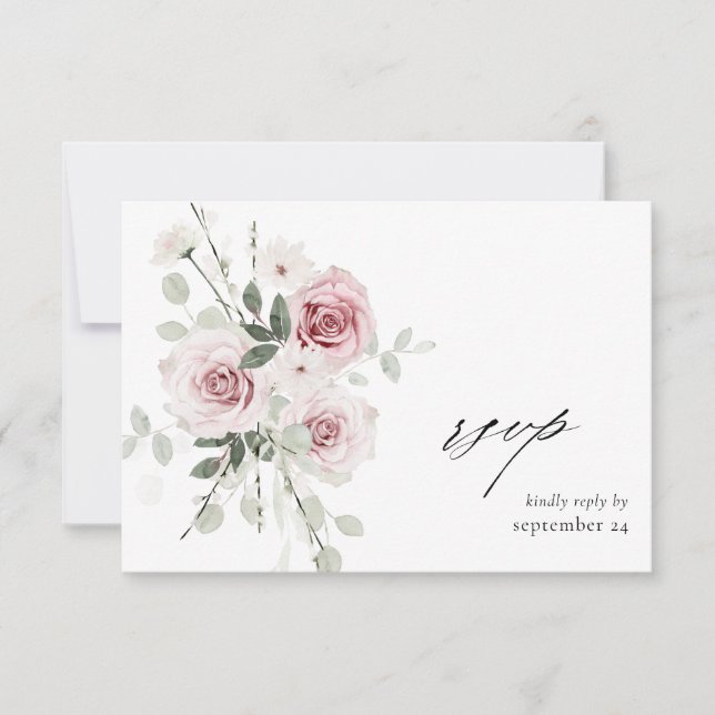 Blush Pink Floral & Eukalyptus w Meal RSVP Karte (Vorderseite)