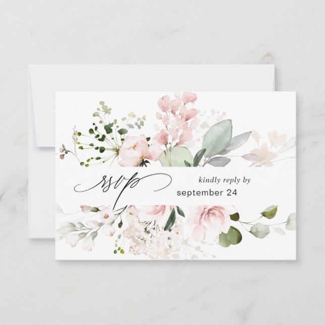 Blush Pink Floral & Eukalyptus w Meal RSVP Karte 2 (Vorderseite)