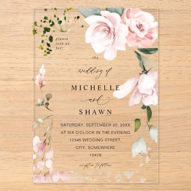 Blush Pink Floral & Eukalyptus Wedding 2B Acryleinladungen (Vorderseite)