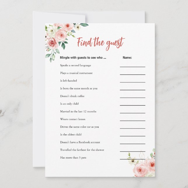 Blush Pink Floral Finden Sie die Gast Shower Game  Einladung (Vorderseite)