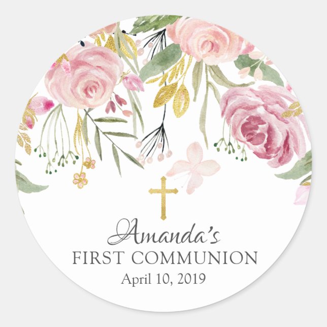 Blush Pink Floral First Heilige Kommune Aufkleber (Vorderseite)