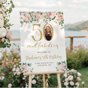 Blush Pink Floral Foto 50. Geburtstag Begrüßungsze Poster