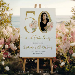 Blush Pink Floral Foto 50. Geburtstag Begrüßungsze Poster