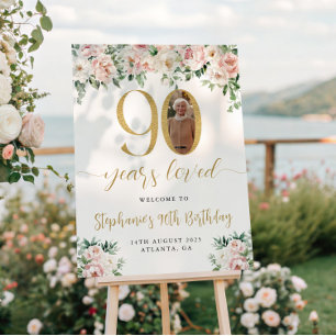 Blush Pink Floral Foto 90. Geburtstag Begrüßungsze Poster