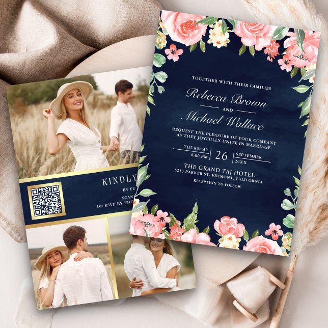 Blush Pink Floral Foto QR Code Navy Blue Wedding Einladung (Von Creator hochgeladen)