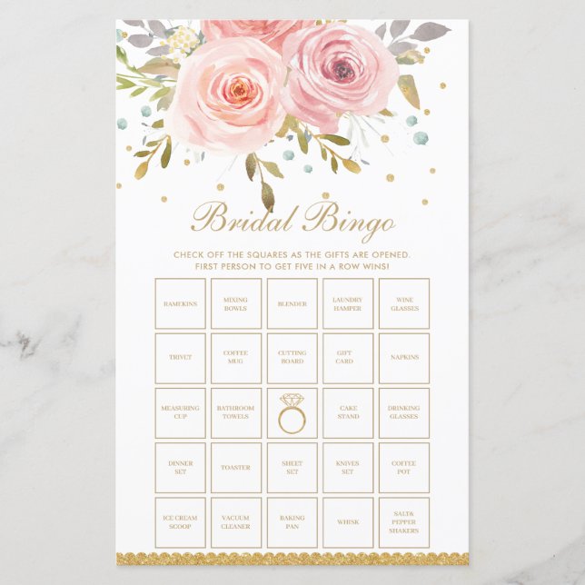 Blush Pink Floral Fun Brautparty Bingo Spiel (Vorderseite)