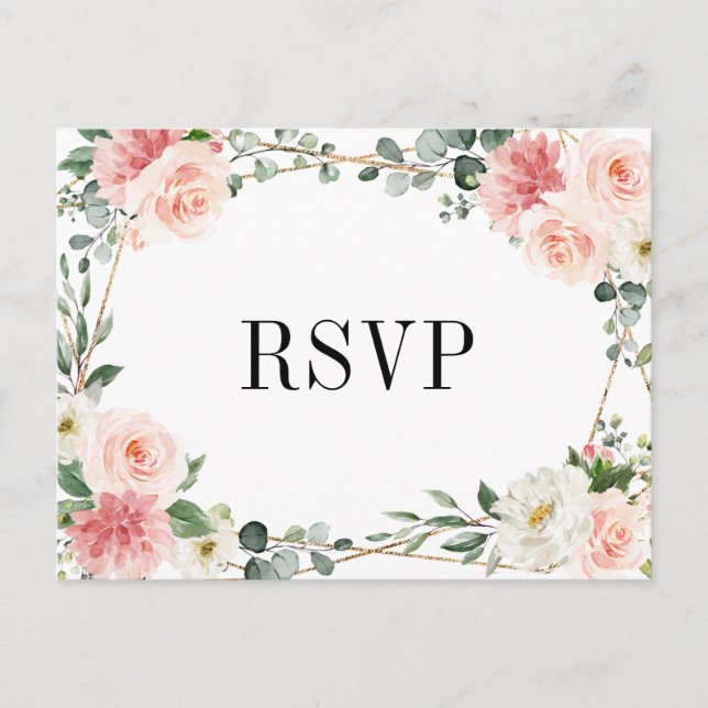 Blush Pink Floral Geometric Botanical Wedding RSVP Postkarte (Vorderseite)