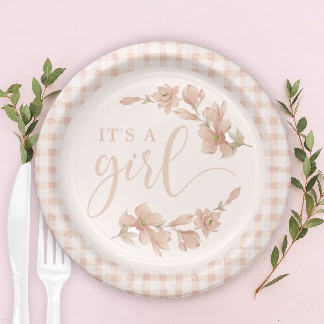 Blush Pink Floral Gingham Baby Girl Baby Dusche Pappteller (Von Creator hochgeladen)