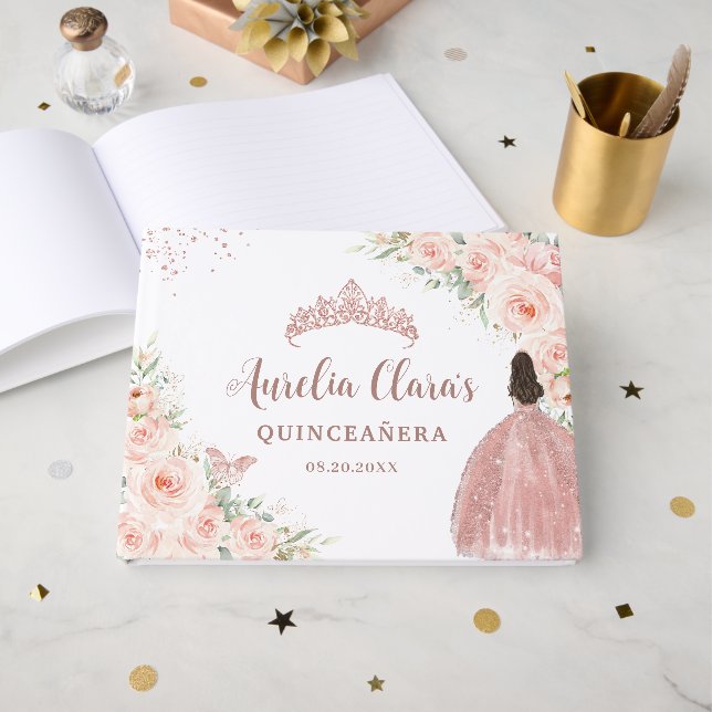 Blush Pink Floral Girl Dress Rose Gold Quinceanera Gästebuch (Vorderseite Offen)