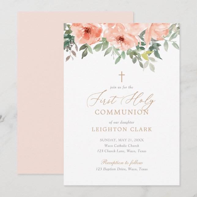 Blush Pink Floral Girl Erste Kommune Einladung (Vorne/Hinten)
