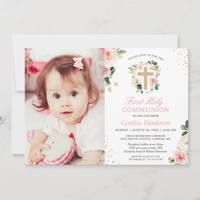 Blush Pink Floral Girl First Holy Communy Foto Einladung (Vorderseite)