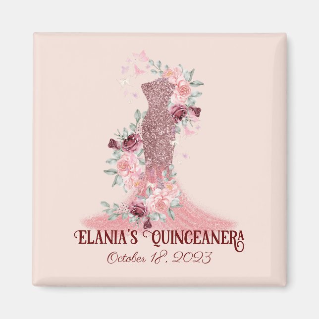 Blush Pink Floral Girl Quinceanera Gastgeschenk Magnet (Vorne)