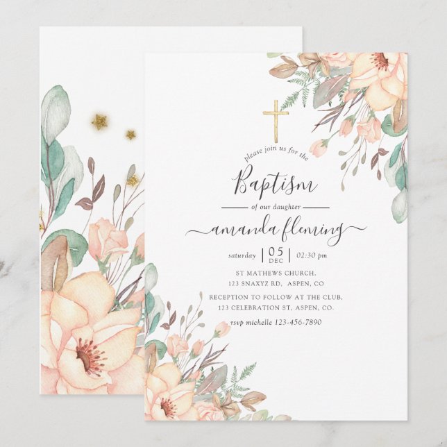 Blush Pink Floral Girl Taufe Einladung (Vorne/Hinten)