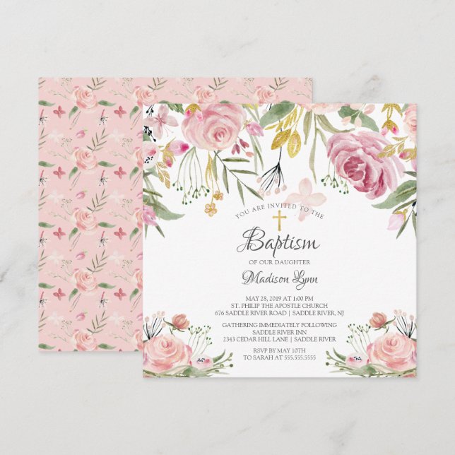 Blush Pink Floral Girl Taufe Einladung (Vorne/Hinten)