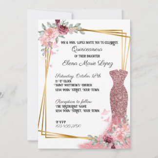 Blush Pink Floral Girly Quinceanera Einladung