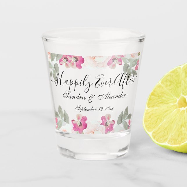Blush Pink Floral glücklich immer nach Hochzeit Schnapsglas (Vorderseite)