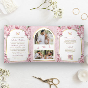 Blush Pink Floral Gold Arch Butterfly Hochzeit Dreifach Gefaltete Einladung