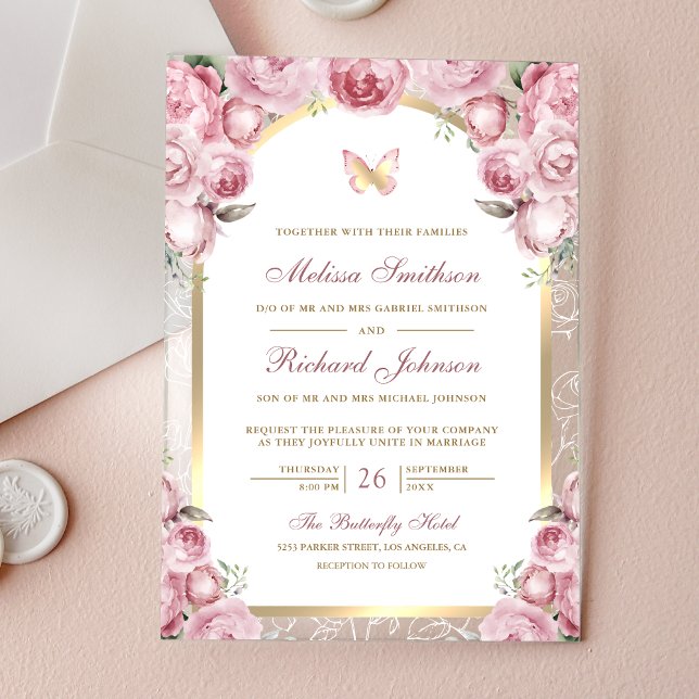Blush Pink Floral Gold Arch Butterfly Wedding Acryleinladungen (Von Creator hochgeladen)