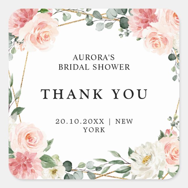 Blush Pink Floral Gold Brautparty Vielen Dank Quadratischer Aufkleber (Vorderseite)