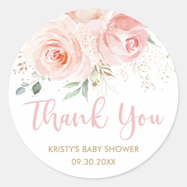 Blush Pink Floral Gold Bridal Baby Dusche Gefallen Runder Aufkleber (Vorderseite)