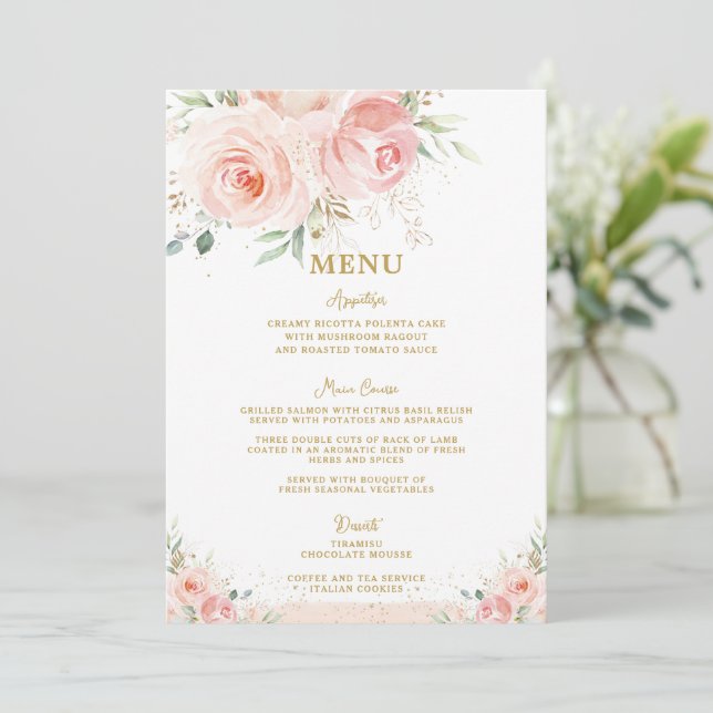 Blush Pink Floral Gold Bridal Baby Showmenü Programm (Stehend Vorderseite)