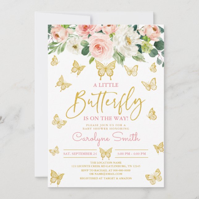 Blush Pink Floral Gold Butterfly Baby Dusche Einladung (Vorderseite)
