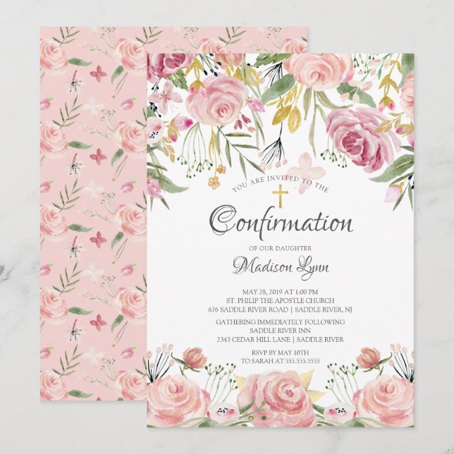 Blush Pink Floral & Gold Cross Bestätigung Einladung (Vorne/Hinten)