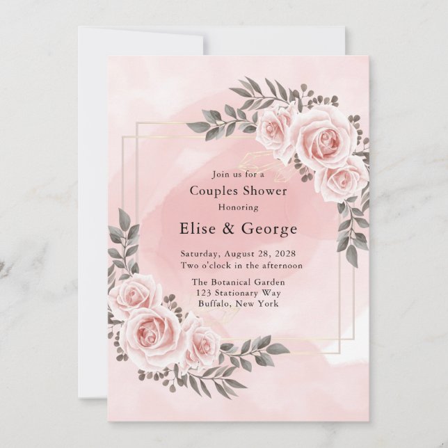 Blush Pink Floral Gold Crystal Couple Dusche Einladung (Vorderseite)