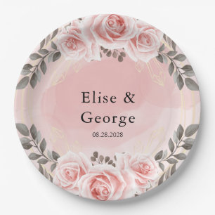 Blush Pink Floral Gold Crystal Geometric Wedding Pappteller