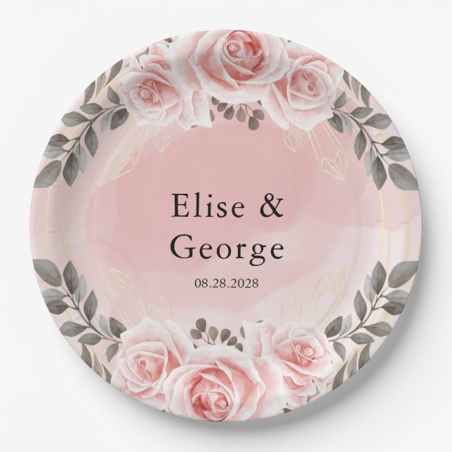 Blush Pink Floral Gold Crystal Geometric Wedding Pappteller (Vorderseite)