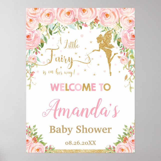 Blush Pink Floral Gold Fairy Baby Shower Welcome Poster (Vorne)