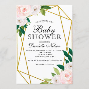 Blush Pink Floral Gold Frame Baby Dusche Einladung