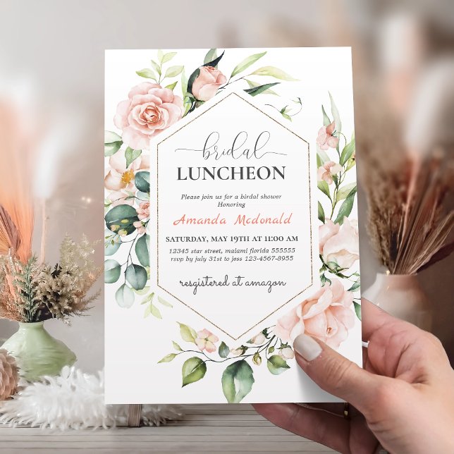 Blush Pink Floral Gold Geometric Bridal LUNCHEON Einladung (Von Creator hochgeladen)