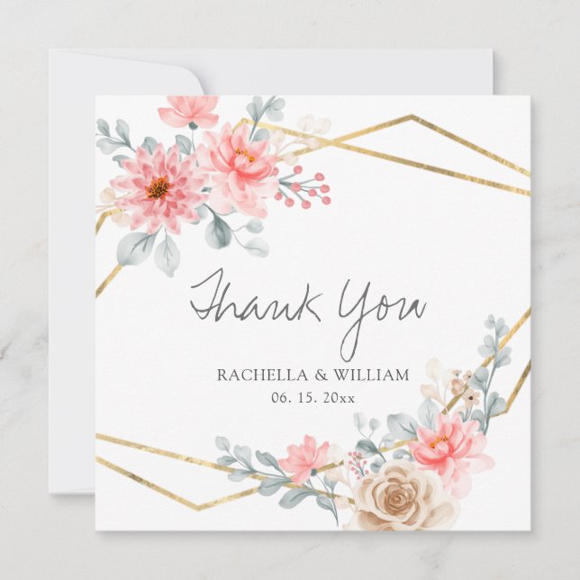 Blush Pink Floral Gold Geometrische botanische Hoc Dankeskarte (Vorderseite)