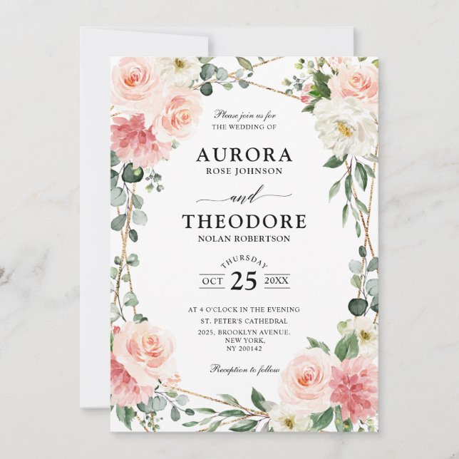 Blush Pink Floral Gold Geometrische botanische Hoc Einladung (Vorderseite)