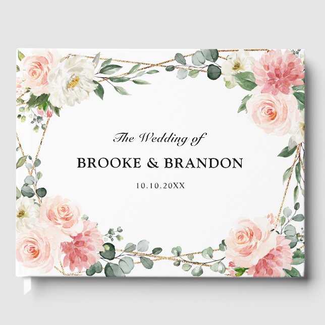 Blush Pink Floral Gold Geometrische botanische Hoc Gästebuch (Vorderseite)