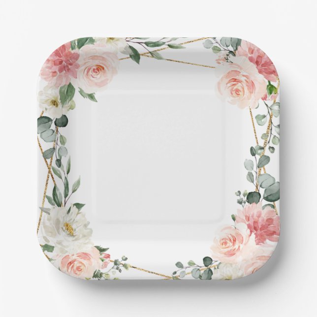 Blush Pink Floral Gold Geometrische botanische Hoc Pappteller (Vorderseite)