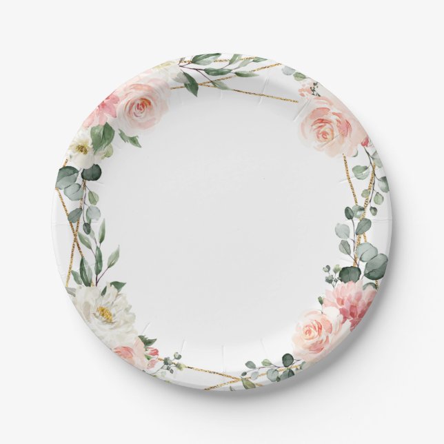 Blush Pink Floral Gold Geometrische botanische Hoc Pappteller (Vorderseite)