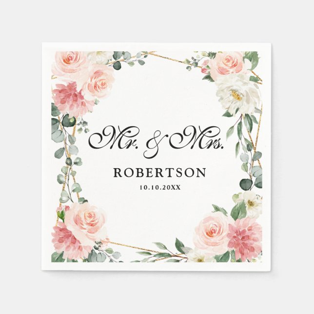 Blush Pink Floral Gold Geometrische botanische Hoc Serviette (Vorderseite)