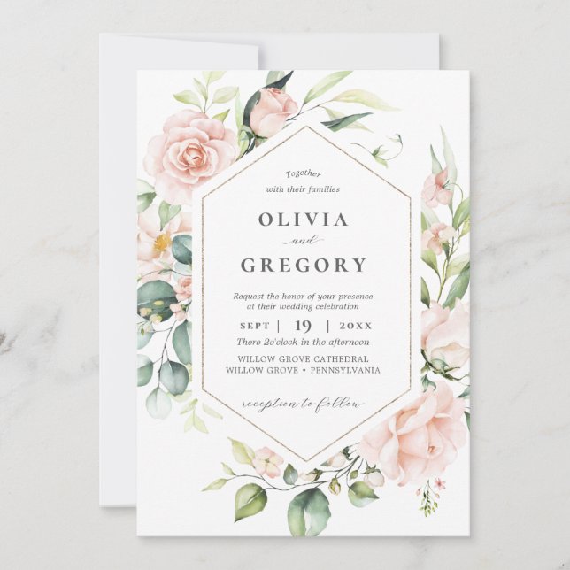 Blush Pink Floral Gold geometrische Rahmen Hochzei Einladung (Vorderseite)
